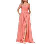 YIANN Off The Shoulder Plus Size Bridesmaid Dresses Coral with Pockets V Neck Chiffon Wrap Slit Formal Dress UK28