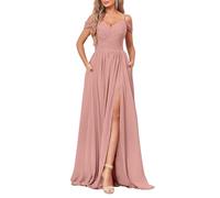 YIANN Off The Shoulder Plus Size Bridesmaid Dresses Dusty Rose with Pockets V Neck Chiffon Wrap Slit Formal Dress UK28
