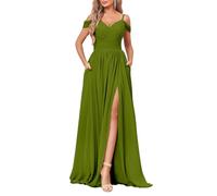 YIANN Off The Shoulder Plus Size Bridesmaid Dresses Olive Green with Pockets V Neck Chiffon Wrap Slit Formal Dress UK28