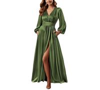 YIANN Olive Green Bridesmaid Dresses with Sleeves Pleated Long Satin Prom Dress with Slit for Women Plus Size UK18