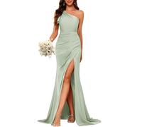 YIANN One Shoulder Bridesmaid Dresses Sage Green for Women Satin Prom Dress with Slit Long Corset Formal Evening Gown UK14