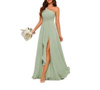 YIANN One Shoulder Formal Dresses for Women with Slit Sage Green Bridesmaid Dress Long Chiffon Wedding Guest Gown UK26