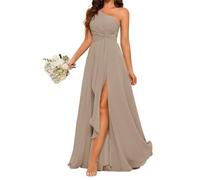 YIANN One Shoulder Formal Dresses for Women with Slit Taupe Bridesmaid Dress Long Chiffon Wedding Guest Gown UK14