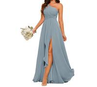 YIANN One Shoulder Wedding Guest Dress Dusty Blue Bridesmaid Dresses Chiffon Formal Gown for Women with Slit UK10