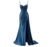 YIANN Peacock Corset Prom Dresses Long Ball Gown Satin Ruched Formal Evening Party Gown with Lace Applique UK8
