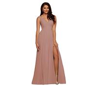 YIANN Pleated V Neck Bridesmaid Dresses with Pockets Long Chiffon A Line Formal Party Gowns with Slit Dusty Pink UK12