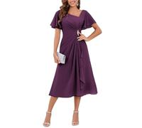 YIANN Plum Mother of The Bride Dresses Tea Length Mother of Groom Dress with Sleeves Chiffon Formal Party Gown UK12