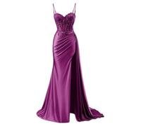 YIANN Plum Satin Mermaid Prom Dresses for Women Long Ball Gown Spaghetti Strap Evening Gown with Slit UK16