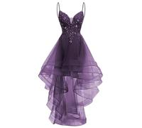 YIANN Plum Tulle Prom Dresses for Women with Lace Applique A Line Spaghetti Strap Ball Gown Long Cocktail Party Dress UK6