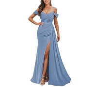 YIANN Plus Size Bridesmaid Dresses for Wedding with Slit Pleated Off Shoulder Mermid Satin Prom Dress Dusty Blue Formal Gown UK30