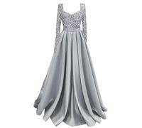 YIANN Plus Size Long Sleeve Prom Dresses for Women Pleated Sparkly Sequin Satin Formal Party Gown Silver Evening Dress UK30