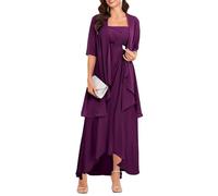 YIANN Plus Size Tea Length Mother of The Bride Dresses with Jacket Long Chiffon Evening Dress Plum UK30