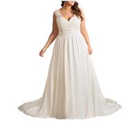 YIANN Plus Size White Wedding Dresses for Bride 2024 A Line V Neck Lace Applique Chiffon Bridal Gown Sweep Train UK26