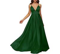 YIANN Prom Dresses for Women A line Long Satin Spaghetti Straps V Neck Formal Evening Party Gown with Pockets Emerald Green UK10