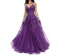YIANN Purple Prom Dresses for Teens Glitter Tulle Lace Applique A Line Ball Gown Spaghetti Strap Long Formal Evening Dress UK14