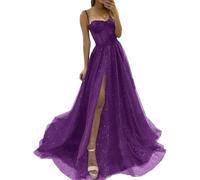 YIANN Purple Tulle Prom Dresses with Slit for Teens 2024 Spaghetti Strap Lace Applique Formal Party Gown Long UK16