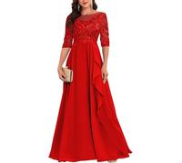 YIANN Red Lace Appliques Mother of The Bride Dresses for Wedding Long Sleeve Chiffon Evening Formal Dress UK16