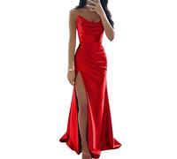 YIANN Red Prom Dresses 2025 with Slit for Teens Strapless Mermaid Satin Formal Dress Evening Gown for Wedding Party UK10
