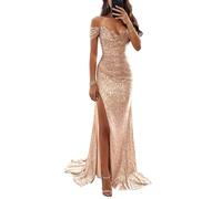 YIANN Rose Gold Sequin Mermaid Bridesmaid Dresses for Wedding Off Shoulder Sexy Prom Dress with Slit Formal Evening Gown UK12
