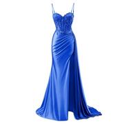 YIANN Royal Blue Satin Mermaid Prom Dresses for Women Long Ball Gown Spaghetti Strap Evening Gown with Slit UK16