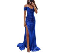 YIANN Royal Blue Sequin Mermaid Prom Dresses for Women Sparkly Bridesmaid Dress with Slit Off Shoulder Formal Evening Party Gown UK6