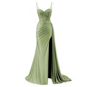 YIANN Sage Green Corset Prom Dresses Long Ball Gown Satin Ruched Formal Evening Party Gown with Lace Applique UK8