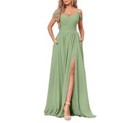 YIANN Sage Green Off The Shoulder Long Bridesmaid Dresses for Women Simple V-Neck Formal Dress with Pockets UK14