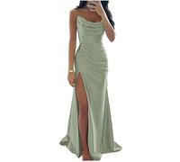 YIANN Sage Green Satin Mermaid Prom Dresses with Slit for Women Pleated Long Maid of Honor Bridesmaid Dress UK6