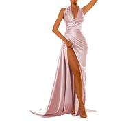 YIANN Satin Blush Pink Bridesmaid Dresses Halter for Wedding with Slit Pleated Mermaid Prom Dress 2024 for Women UK6