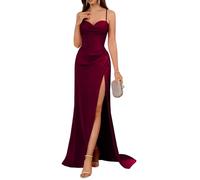 YIANN Satin Burgundy Bridesmaid Dresses for Women with Slit Cowl Neck Spaghetti Strap Long Prom Dress UK6
