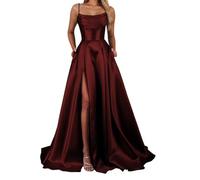 YIANN Satin Burgundy Prom Dresses with Slit Spaghetti Strap Formal Dress Sleeveless Long Ball Gown UK8
