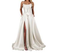 YIANN Satin Ivory Prom Dresses with Slit Spaghetti Strap Formal Dress Sleeveless Long Ball Gown UK18