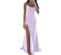 YIANN Satin Lilac Bridesmaid Dresses for Women Elegant Mermaid Wedding Guest Dress with Slit Long Formal Gown UK8