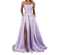 YIANN Satin Lilac Bridesmaid Dresses for Women with Slit Pleated Spaghetti Strap Long Prom Ball Gown UK12