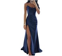 YIANN Satin Navy Blue Bridesmaid Dresses for Women Elegant Mermaid Wedding Guest Dress with Slit Long Formal Gown UK8