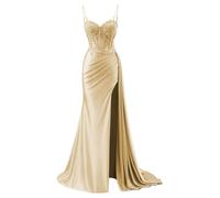 YIANN Satin Prom Dresses for Evening Party Spaghetti Strap Long Ruched Formal Dress Champagne Ball Gown with Slit UK12