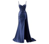 YIANN Satin Prom Dresses for Evening Party Spaghetti Strap Long Ruched Formal Dress Navy Blue Ball Gown with Slit UK12
