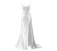 YIANN Satin Prom Dresses for Evening Party Spaghetti Strap Long Ruched Formal Dress White Ball Gown with Slit UK12