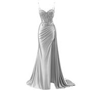 YIANN Silver Satin Mermaid Prom Dresses for Women Long Ball Gown Spaghetti Strap Evening Gown with Slit UK16