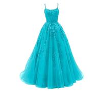 YIANN Spaghetti Strap Prom Dresses Aqua for Women Lace Applique Tulle Formal Evening Dress Long Ball Gown UK14