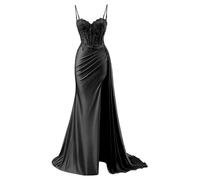 YIANN Spaghetti Strap Satin Prom Dresses with Lace Applique Mermaid Long Formal Evening Gown Black UK10