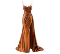 YIANN Spaghetti Strap Satin Prom Dresses with Lace Applique Mermaid Long Formal Evening Gown Burnt Orange UK10