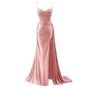 YIANN Spaghetti Strap Satin Prom Dresses with Lace Applique Mermaid Long Formal Evening Gown Dusty Rose UK10