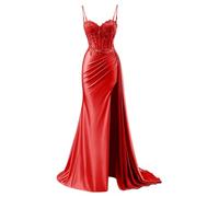 YIANN Spaghetti Strap Satin Prom Dresses with Lace Applique Mermaid Long Formal Evening Gown Red UK10