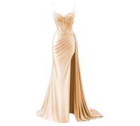 YIANN Spaghetti Strap Satin Prom Dresses with Lace Applique Mermaid Long Formal Evening Gown Rose Gold UK10