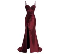 YIANN Spaghetti Strap Satin Prom Dresses with Slit for Women Burgundy Mermaid Formal Evening Gown UK6