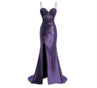 YIANN Spaghetti Strap Satin Prom Dresses with Slit for Women Plum Mermaid Formal Evening Gown UK16