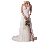 YIANN Spaghetti Strap V Neck Chiffon Wedding Dresses with Lace Applique Elegant Boho Beach Bridal Gown for Women UK18 Ivory