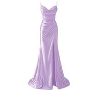 YIANN Spaghetti Strap V Neck Prom Dresses with Lace Applique Slit Lilac Satin Ball Gown Formal Party Dress UK16