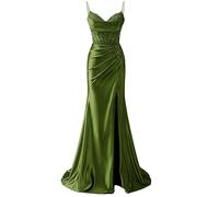 YIANN Spaghetti Strap V Neck Prom Dresses with Lace Applique Slit Olive Green Satin Ball Gown Formal Party Dress UK8